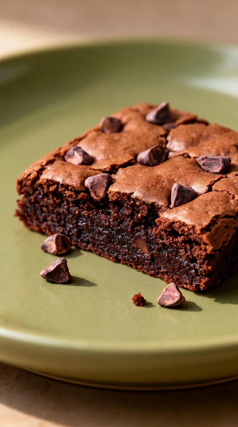 Close-up of a fudgy Lumé Crumb brownie on a sage ceramic plate