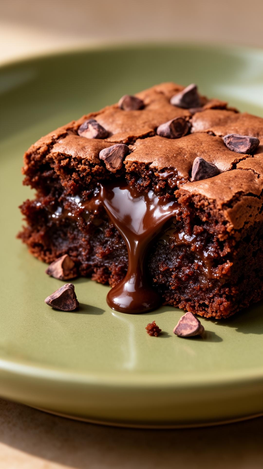 Close-up of a fudgy Lumé Crumb brownie on a sage ceramic plate