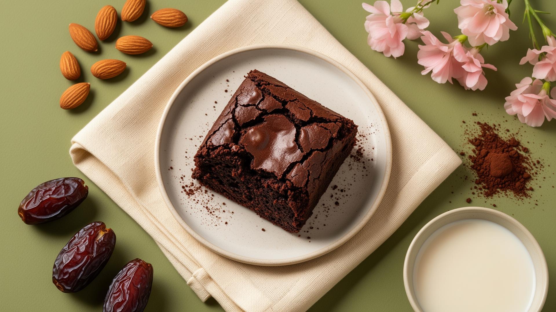 A premium Lumé Crumb brownie plated on cream linen with dates, almonds and cacao